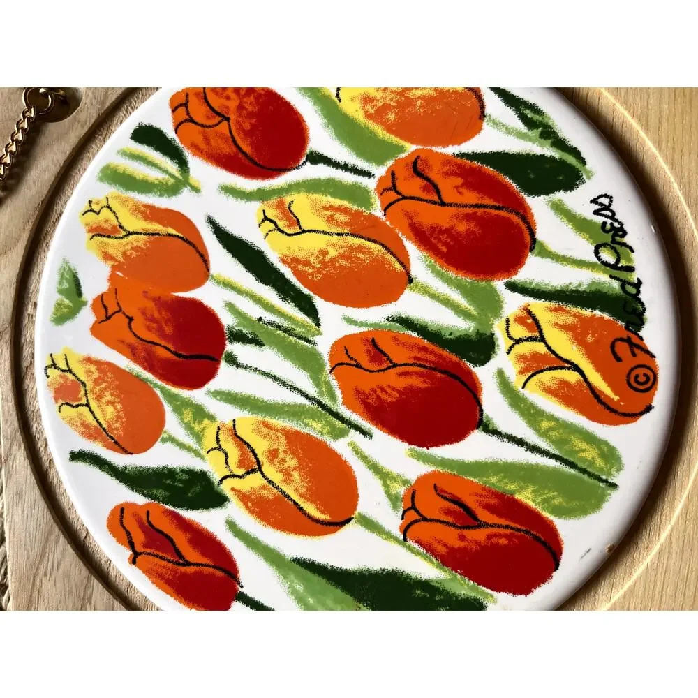 Vintage Fred Press Cheese Board Ceramic Tile Tulips Wood Serving Tray with Knife
